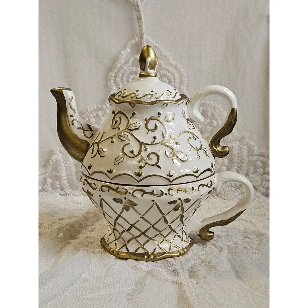 Stackable Hand Painted Teapot Gold & White Make the season Bright Single Serve